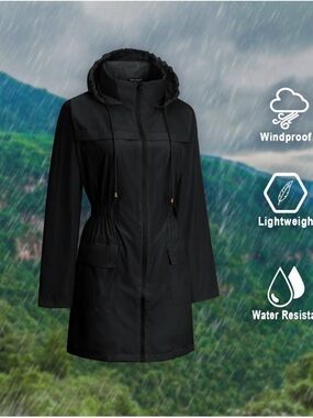 Rosvigor Black Polyester Rain Jacket with Hood Size Large